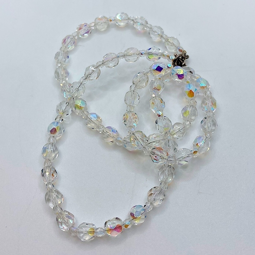 VTG Aurora Borealis Iridescent Glass Bead Necklace Sterling Silver Clasp 18.5”